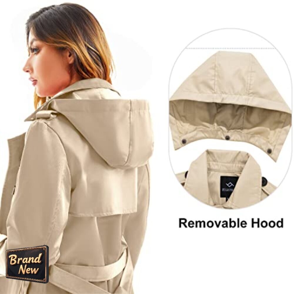 Long Waterproof Trench Coat with Detachable Hood, Belted Double Breasted - Picture 4 of 7